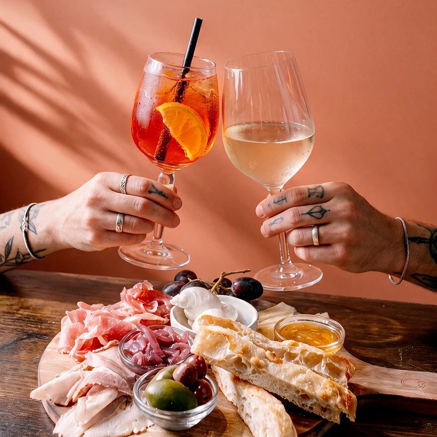Aperol spritz and white wine toast over a Crosta tagliere with cured meats, burrata and schiacciata