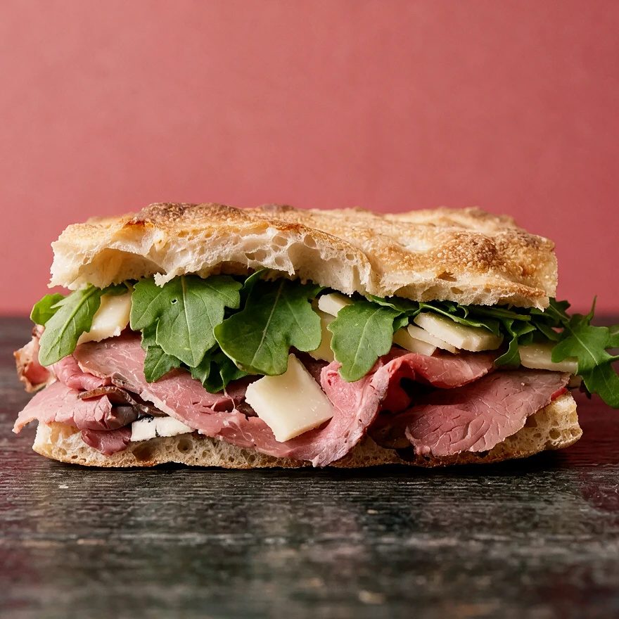 Schiacciata with roast beef, rucola and pecorino on Crosta sourdough