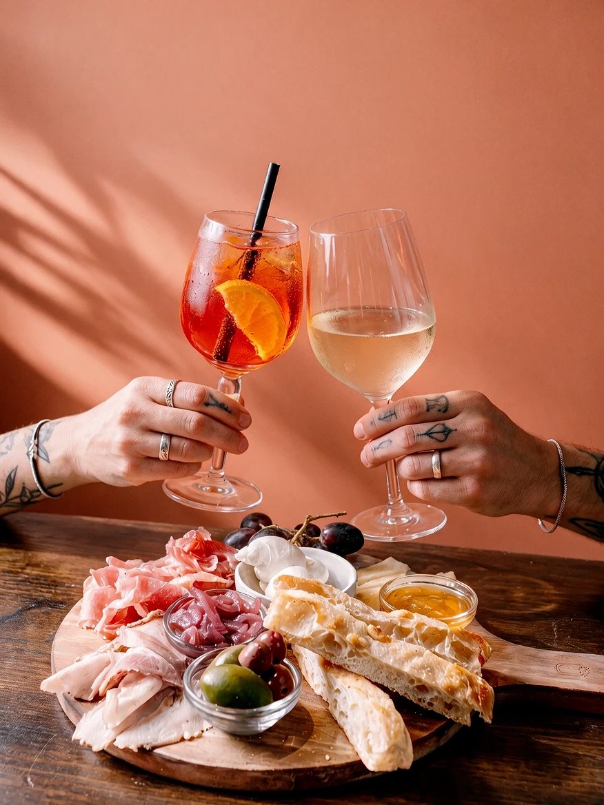 Two guests toasting an Aperol spritz and a glass of white wine over a Crosta tagliere